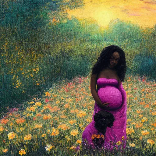 Image similar to pregnant black woman with curly hair in a vast field of flowers, laying down, a tiny black puppy running around, golden hour, vintage, impressionist painting, fine art, oil painting, dreamy, pastel, laughing, happy, intricate details, sharp, peaceful, serene