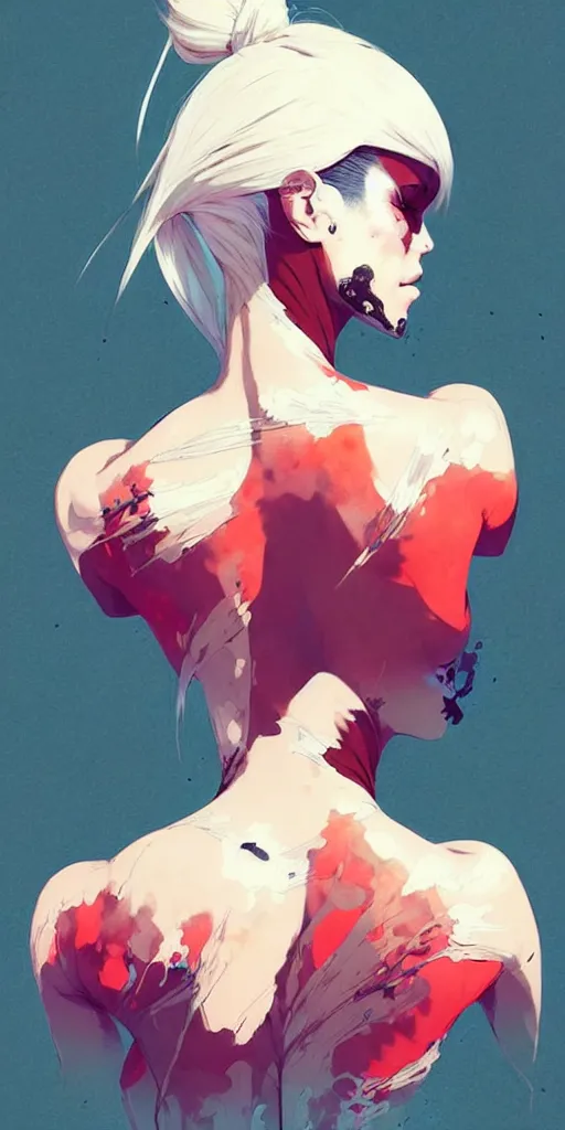 Image similar to a ultradetailed beautiful back painting of a stylish woman with white hair in a short pony tail, she is wearing jeans, by conrad roset, greg rutkowski and makoto shinkai trending on artstation