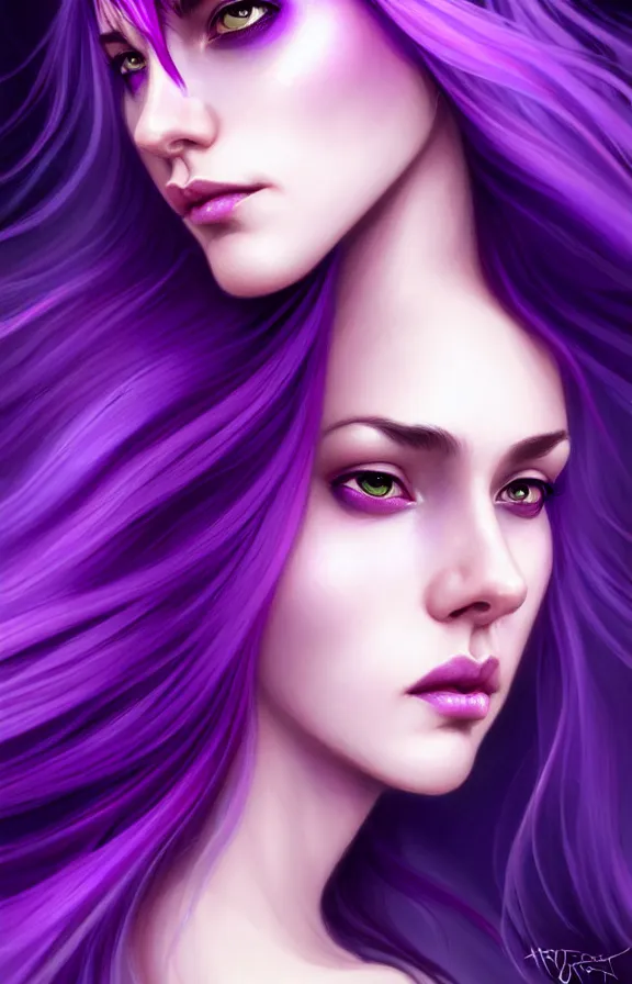 Prompt: Purple hair relistic closeup Portrait of a woman with bright colored flying hair, all shades of purple. Beauty face, Hair coloring, fantasy, intricate, elegant, highly detailed, digital painting, artstation, concept art, smooth, sharp focus, illustration, art by artgerm and greg rutkowski and alphonse mucha