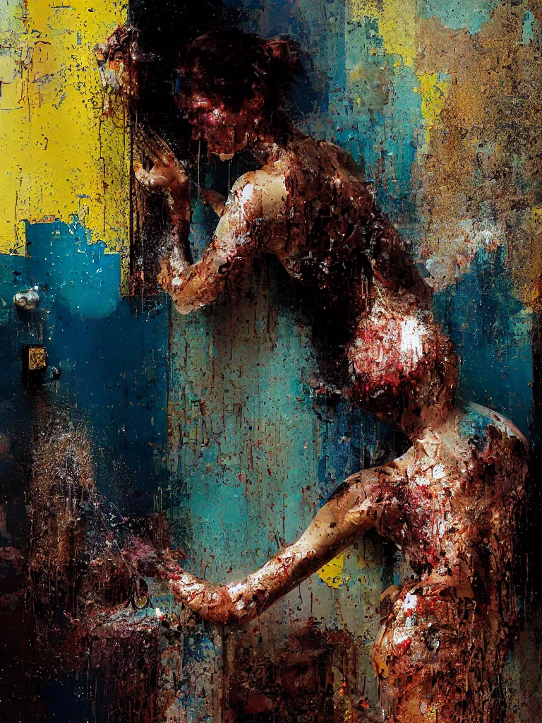 Prompt: a beautiful painting by robert proch and christian hook of a woman taking a shower in a glitched bathroom, metal rust and plaster materials, pixel sorting, color bleeding, brushstrokes by jeremy mann