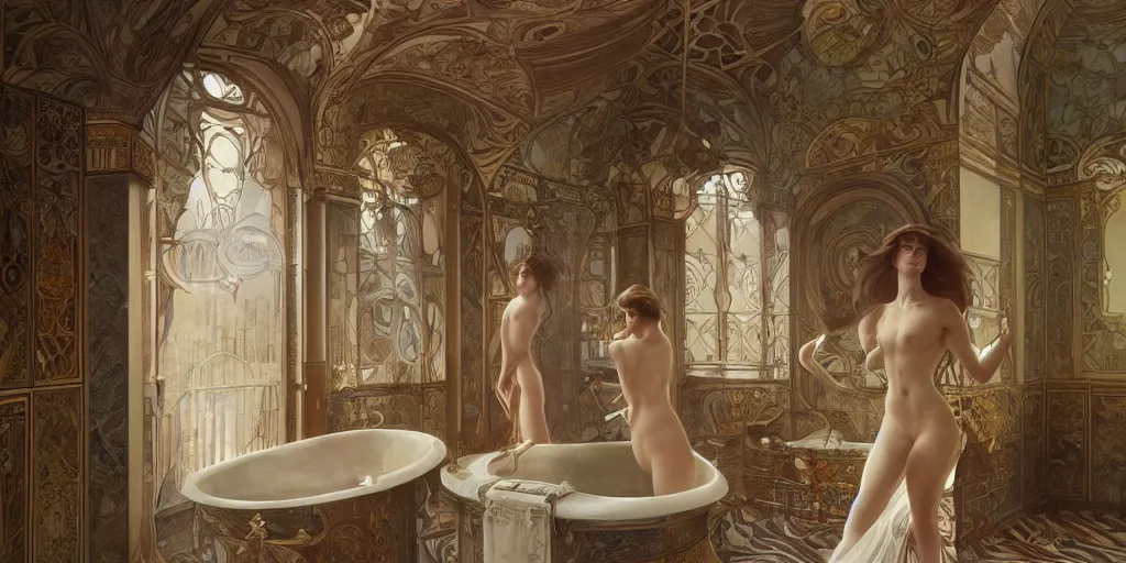 Image similar to in the bathroom of an incredible palace with the beautiful Natalia Vodianova, greg rutkowski and alphonse mucha, matte painting, artstation, illustration