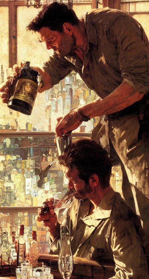 Image similar to close up of max payne pouring a drink, sun shining, photo realistic illustration by greg rutkowski, thomas kindkade, alphonse mucha, loish, norman rockwell.