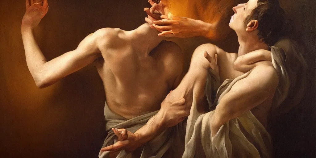 Prompt: beautiful oil matte portrait painting, man reaching for a ghostly apparition in immense pain, wonderful masterpiece highly detailed, beautiful cinematic light deep focus, elegant, digital painting, smooth, sharp focus, golden ratio, dramatic illumination, ultra realistic, 8 k, art by artemisia lomi gentileschi and caravaggio