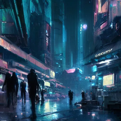 Image similar to a rundown futuristic city scene at night with neon lights and the moon high in the sky and raining, sci fi splash art by craig mullins, greg rutkowski