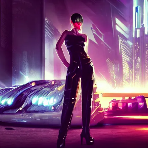 Image similar to a cyberpunk android beautiful woman standing next to a vintage car with large futuristic weaponry, the woman has long flowing hair and bright lipstick. style of blade runner, dark city, twilight zone.