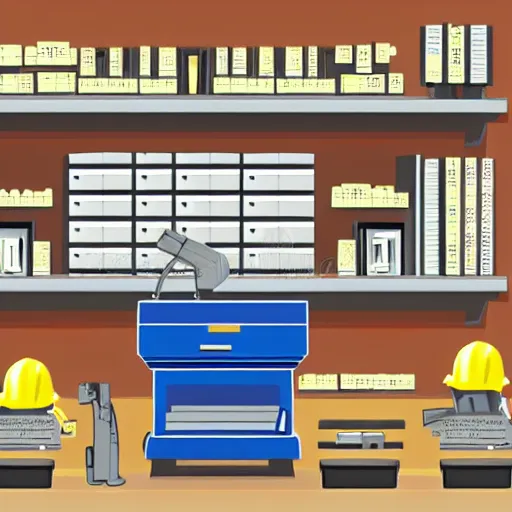 Prompt: cash register in foreground. shelves of hammers and screws and screwdrivers and hard hats in the background. vector art