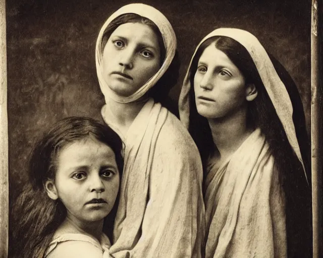 Image similar to the three marys at the sepulchre, expressive faces, julia margaret cameron