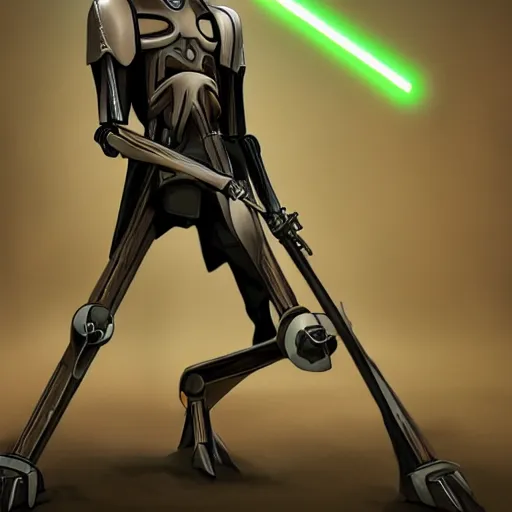 Prompt: General Grievous!!!, on cruches, with 4 lightsabers in his hands,