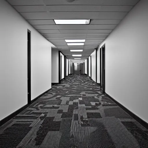 Image similar to the backrooms : an endless maze of randomly generated office rooms and other environments. it is characterized by the smell of moist carpet, walls with a monochromatic tone of dirty off - white, 1 9 8 0's style carpeted walls and buzzing fluorescent lights % 5 0 working, general sense of run down and abandonment