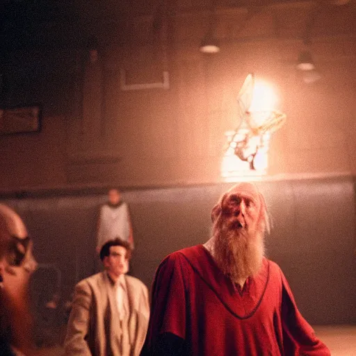 Image similar to dumbledore playing basketball, film still, cinematic lighting