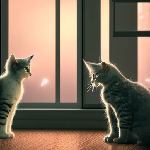 Image similar to Big european shorthair cat and small fluffy kitten from the back in the apartment room looking to window in a cyberpunk city, soft god rays from city lights outside the window, unreal engine 5, soft neon atmosphere, photorealistic, soothing colors, somber melancholic matte painting, hyperrealism, hyperrealistic, cinematic masterpiece, cyberpunk style 8k ultrahd octane render