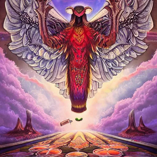 Image similar to A centered chest up portrait of a psychedelic godlike mothman with giant mandala wings smoking a hand-rolled cigarette smoking heavily , magic mushroom village in background , award winning. superb resolution. in the art style of junji Ito and greg rutkowski . Detailed Mushroom city in background. Hyper realistic anime. Perfect art. Dalle2