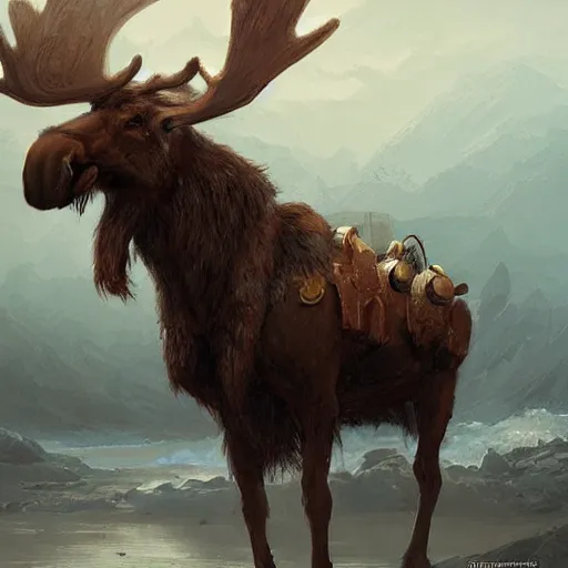 Image similar to anthropomorphic moose barbarian humanoid by greg rutkowski, ship, sea, fantasy