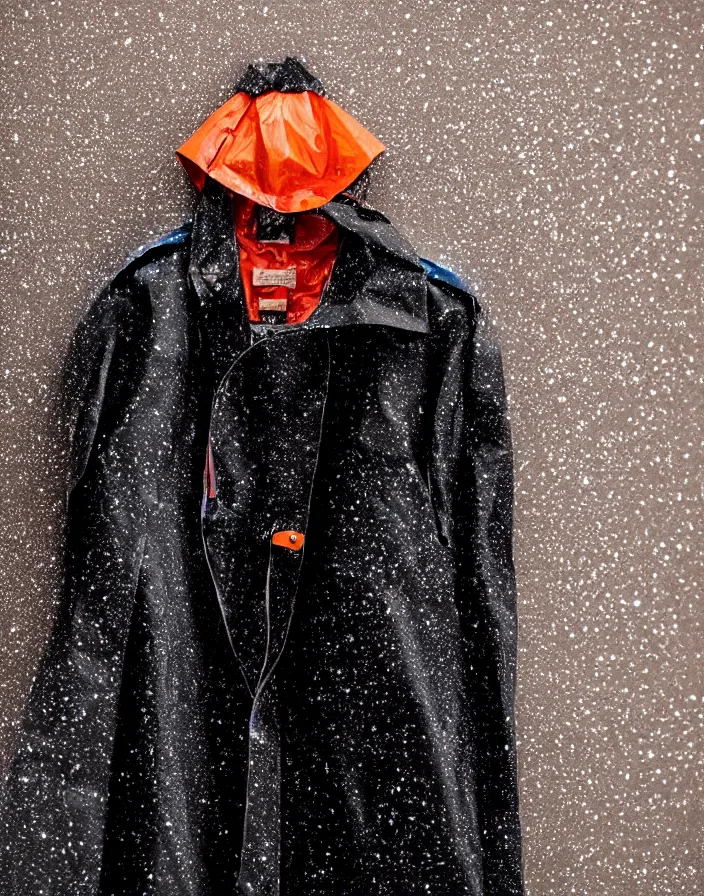 Prompt: close - up portrait of an empty slick fashionable zara raincoat floating suspended mid - air on a glittering rainy display designed by james terrell, wes anderson, symmetry, rule of thirds