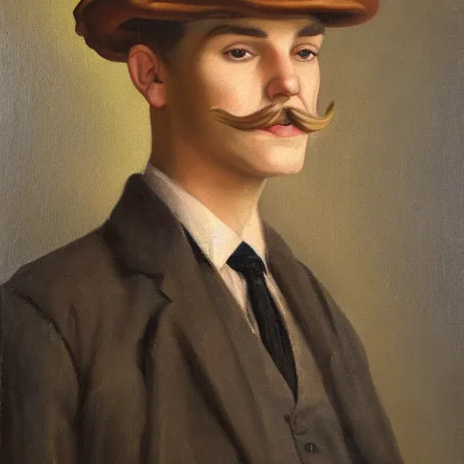 Image similar to portrait of a british young man in a flat cap, a light mustache, and a nice brown suit, oil painting