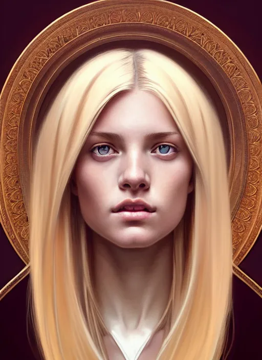 Prompt: symmetrical face!! portrait of young woman blessed with ever - increasing physical and mental perfection, realism, blonde hair, perfect face!! intricate, elegant, highly detailed, vision of holy perfection!! digital painting, artstation, concept art, smooth, sharp focus, illustration, humanity, art by artgerm and greg rutkowski and alphonse mucha