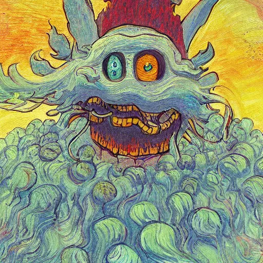 Prompt: whimsical silly detailed painting of a terrifying demon, in the style of studio ghibli and moebius and claude monet and vincent van gogh