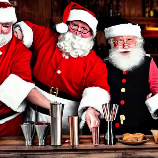 Prompt: Santa working as a bartender serving mentally challenged elves