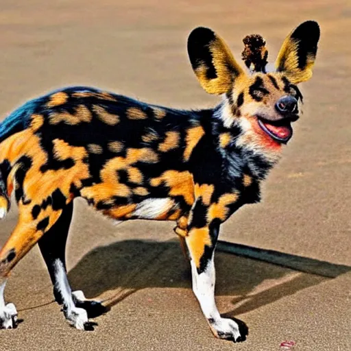 Image similar to A photo of the world's greatest sheriff: an african painted dog dressed in a hat!