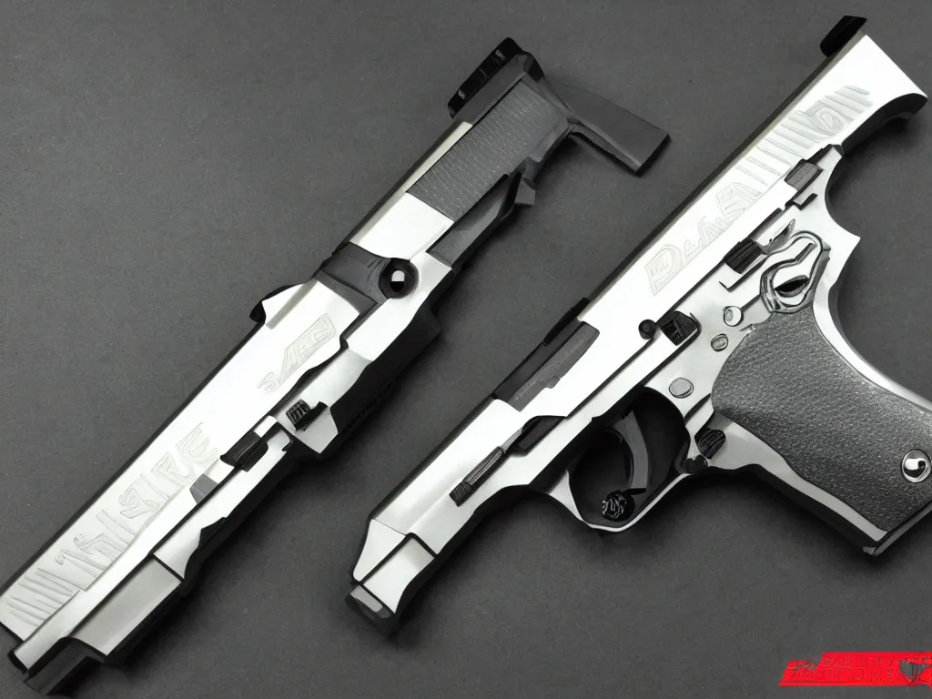 Prompt: futuristic sig sauer p226 made of brushed metal, chrome and carbon, intricate gold linings