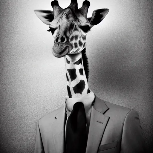 Prompt: giraffe in a suit, realistic, photograph,