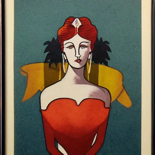 Image similar to Boudicca, art deco, lithograph