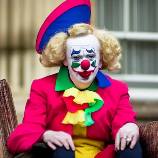 Image similar to conservative mp liz truss sitting in a chair and looking sad and wearing a clown costume, editorial photograph