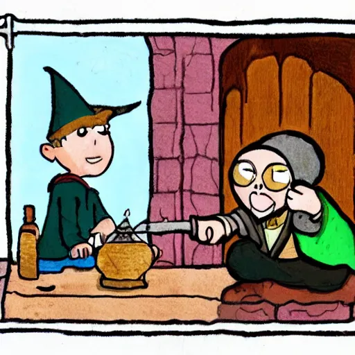 Prompt: a young, curious wizard watching an elder wizard making a potion, in the style of juan pablo machado