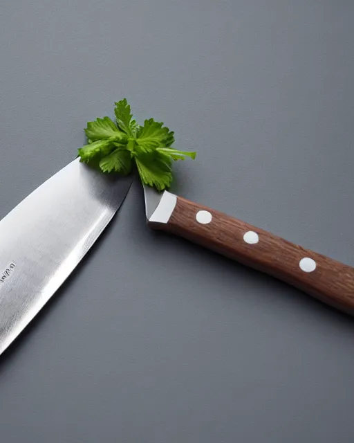 Prompt: A normal, average-looking kitchen knife; studio photo; product photo; bokeh, 90mm, f/1.4