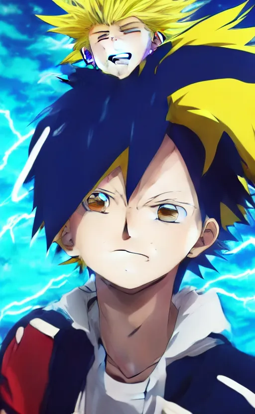 Image similar to Anime key visual of a young boy with spikey yellow hair and lightning powers, portrait, white background, Illustrated by Kohei Horikoshi, high quality face, detailed eyes, big eyes, official media, 8k, anime, detailed, HD, trending on artstation, Illustrated by Makoto Raiku, from my hero academia