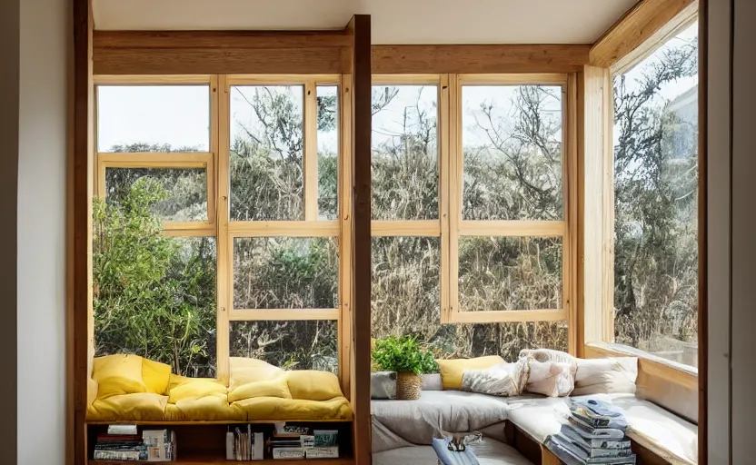 Image similar to interior desing magazine photo of a big window with a wooden frame to sit on, some sandy yellow pillows, there are a few books and plants on a integrated shelf, great architecture, ambient light, 8k