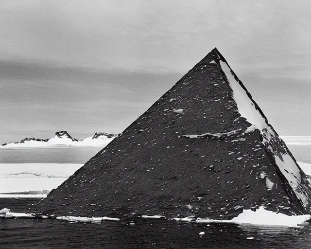 Image similar to “A black and white vintage photograph of Shackleton discovering the Black Pyramid of Antarctica”