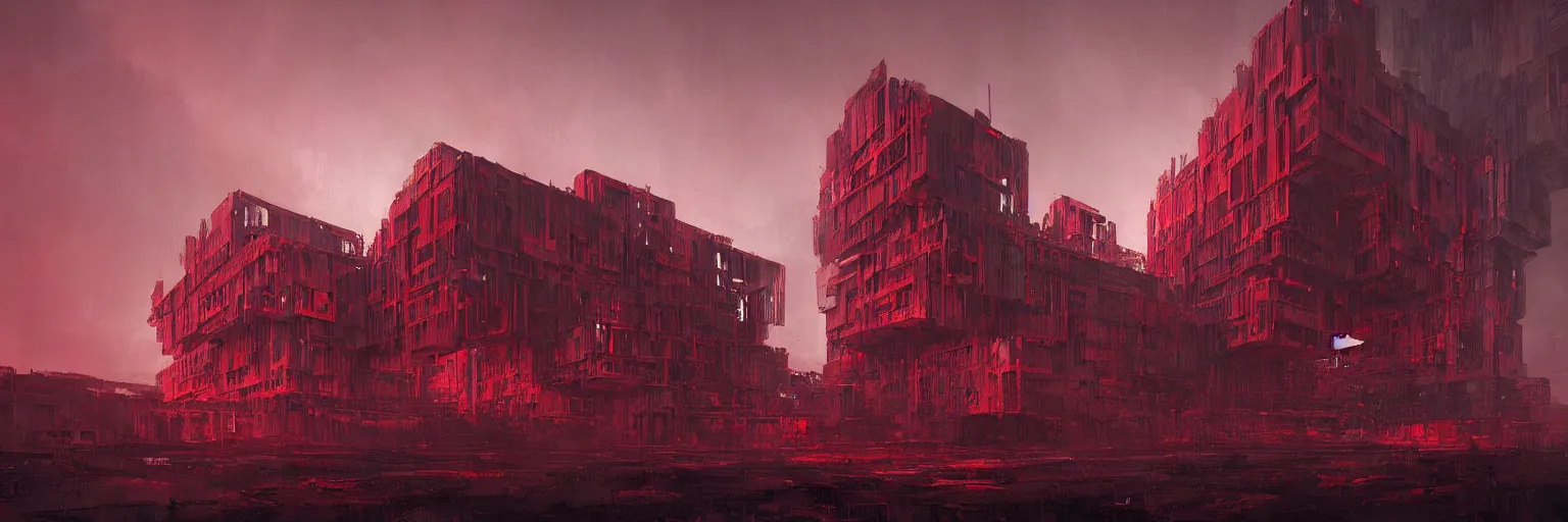 Image similar to brutalist structure bathed in crimson light, night, dark, by Cédric Peyravernay