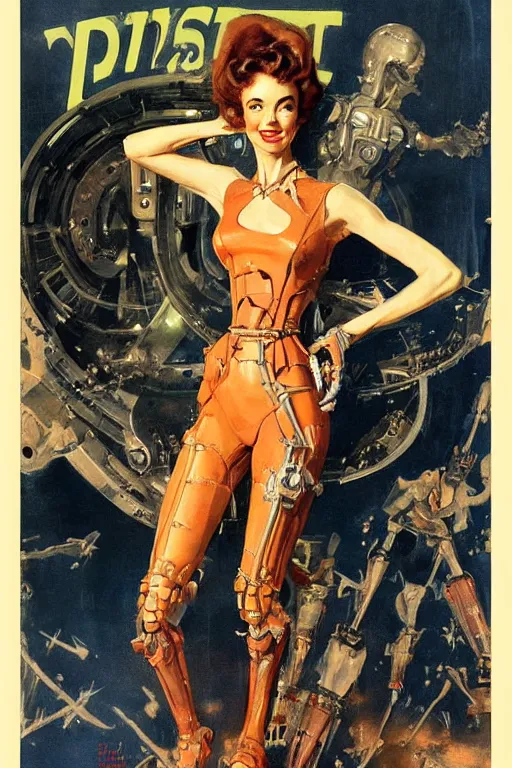 Prompt: 5 0 s pulp scifi fantasy illustration full body portrait elegant woman with biomech arms, by norman rockwell, daniel gerhartz, jack kirby, earle bergey, ruan jia, jason fabok, tom lovell, dean cornwell, raymond swanland, astounding stories, amazing, fantasy, other worlds