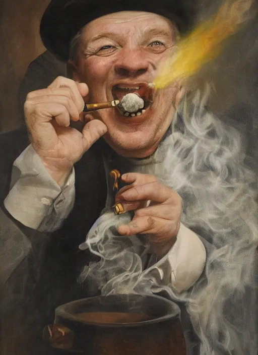 Prompt: Portrait of Duncan Trussel laughing demonically while smoking a pipe. Disturbing