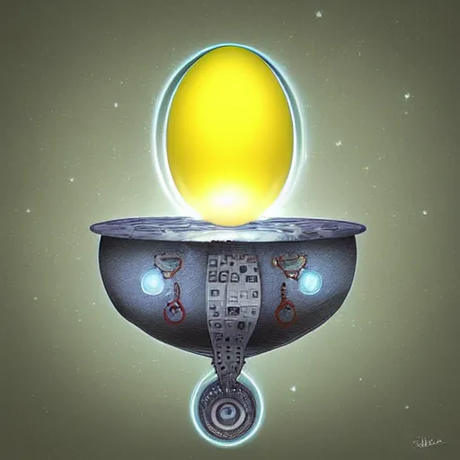 Prompt: A mechanical egg being powered by cosmic fuel, digital art