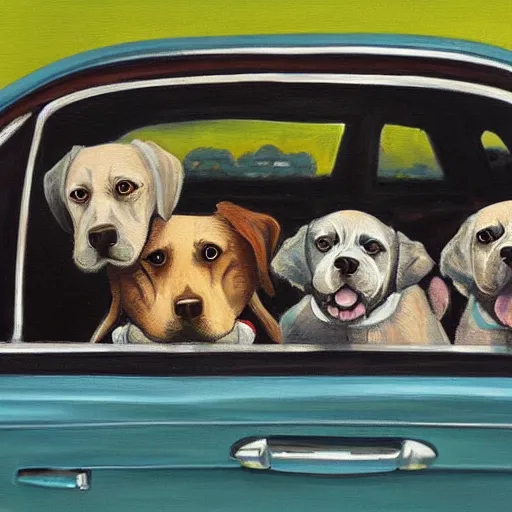 Image similar to “a painting by ducio of a three dogs in a car, highly detailed, trending on art station, 4k”