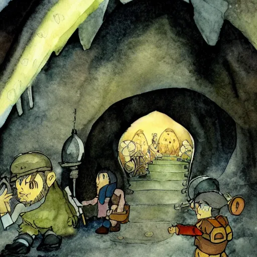 Image similar to dwarf mining for gold in a sparkling dark cave, from ghibli studio, watercolor illustration for book