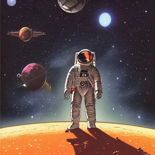 Prompt: detailed illustration of a black astronaut space walking, planets behind, nebulas, dynamic lighting, 8 k, star wars, art by moebius, ayami kojima