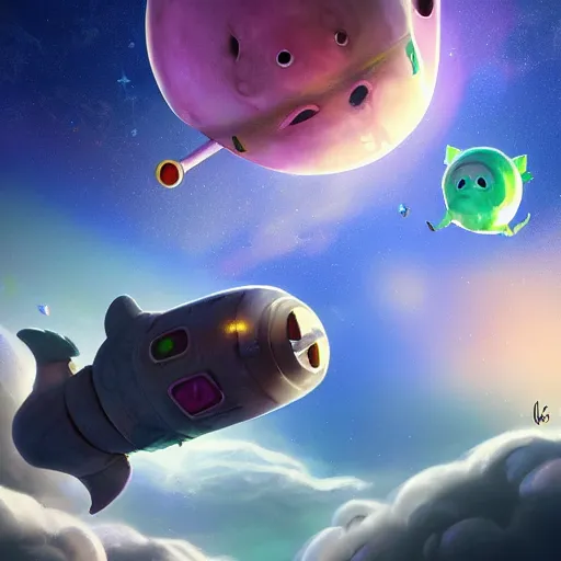 Prompt: 3D Fantasy Cute and adorable alien piggy spacecraft flying through space, bright stars, Smooth 3D Illustration, soft render, Servando Lupini, Daniil Kudriavtsev, handpaint texture, Blender, 3DCoat