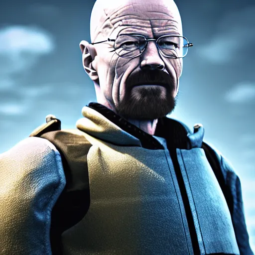 Image similar to Walter White in cybernetic battle armour, 4k octane render, highly detailed