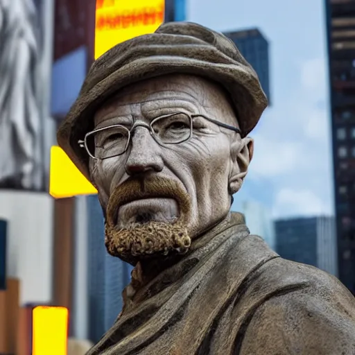 Image similar to a long shot of a very detailed renaissance sculpture of walter white in a hat standing in times square, made by michelangelo, hyper detailed, sharp focus, 8 k resolution