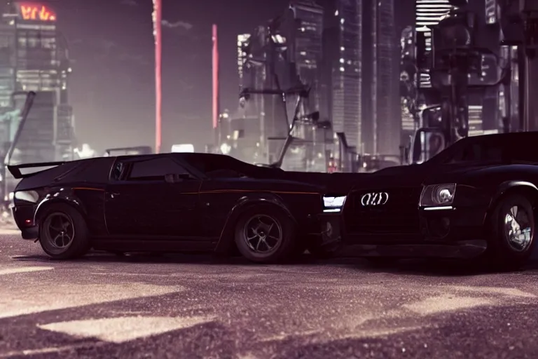 Image similar to widebody all black audi camaro b 1 ( 1 9 6 9 ), need for speed : carbon, at night, sci - fi, neon lines, phonk music background, smoke behind wheels, noise, dark, establishing shot, by simon stalenhag