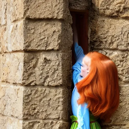 Prompt: a ginger hair princess locked in tower like rapunzel