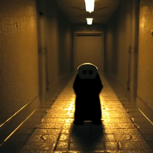 Image similar to A grotesque monster is standing in a yellow dimly lit hallway, cinematic film still.