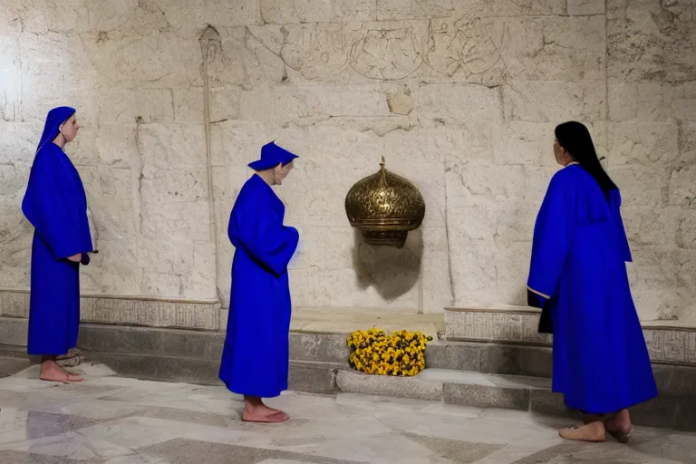 Image similar to photo of 3 women at the tomb of jesus, blue robes, golden triangle composition