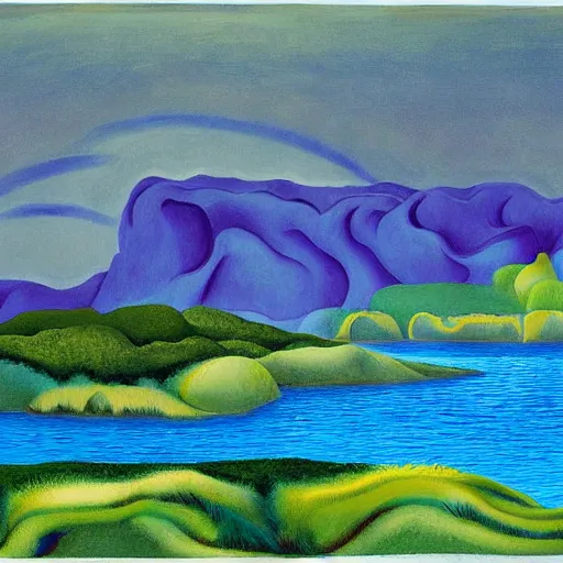 Prompt: detailed painting of a lush natural scene on an alien planet by georgia o'keeffe. beautiful landscape. weird colourful vegetation. cliffs and water.