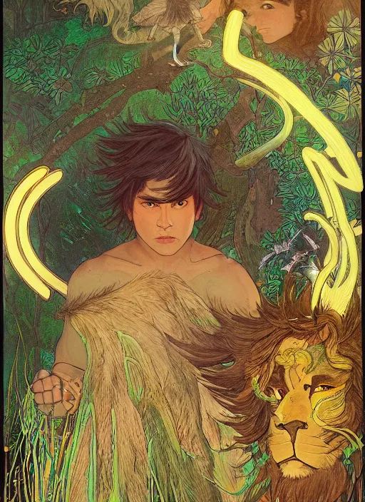 Prompt: portrait of a little epic warrior boy character with dark skin and a big lion with wings at his side in the middle of a lush forest at night. diffuse neon light, dramatic landscape, fantasy illustration, matte painting by mucha