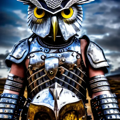 Prompt: photo of a warrior with metal owl armour, highly detailed, 4k, HDR,