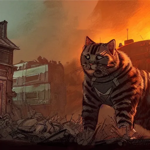 Image similar to fallout 5, concept art drawings of the opening scene, storyboard, concept art, comic style, female protagonist and large feline companion, atmospheric lighting, painted, intricate, volumetric lighting, beautiful, gritty, rich deep colours masterpiece, sharp focus, ultra detailed by jack kirby, ignacio fernandez rios, thierry doizon